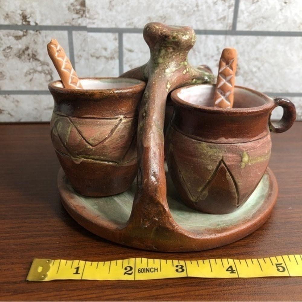 7 piece clay glazed salsa dish set Mexico Latin Hispanic artisan handmade